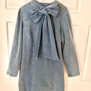 Bow Embellished Long Sleeve Midi Denim Dress 14/16